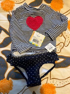 Little Me Navy & White Striped Baby Rash Guard with Pink Ruffle Flower